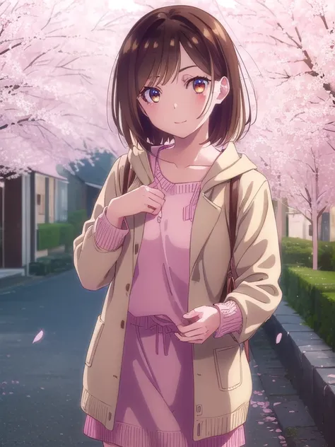 ((springの服,Pink clothes)),(Long Bob:1.5,Shaggy), bangs, Brown Hair,mizuharachizuru, Chizuru Ichinose, solo woman, (Brown eyes:1.5), smile,(cherry blossoms,Cherry Blossom Viewing,spring,noon),looking at viewer, (Cowboy Shot:1.5),(masterpiece:1.2), Best Qual...