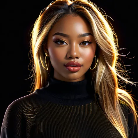 A beautiful young African American girl with Asian features, perfect straight teeth,very long straight brown and blonde highlighted hair, posing suggestively in a black sweater and pants against a black background with neon lighting, cinematic lighting, de...