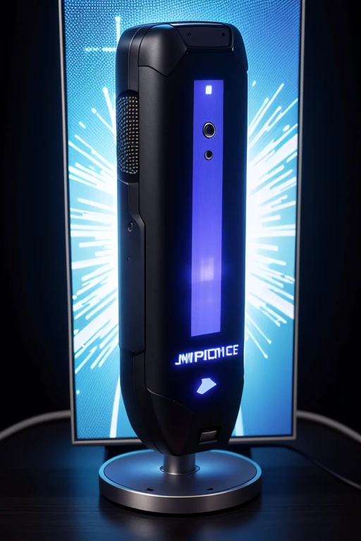 Image of a journalist-type microphone with a long digital plasma micro screen inside