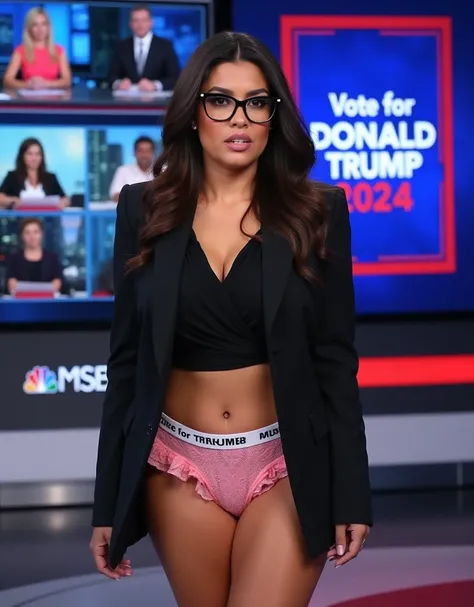 Beautiful Jessica Tarlov  she is wearing black eyeglasses in full makeup, dark Brunette long hairstyle ,3, 36DD-24-38 Jewish Caucasian female news anchor (confused, shocked ,ashamed ,and 😳🥺😲🥺😲😬 embarrassed she forgets she is on a live feed),standing up(Cen...