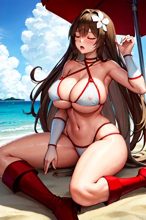 masterpiece, best quality, beautiful art, high resolution, well formed hands, body and fingers, 1 woman, solo, Kashino, wearing a Tyris Flare bikini clad,  long hair , full body picture,  grown up, adult, large and big breasted, cleavage, hair ornament, , ...