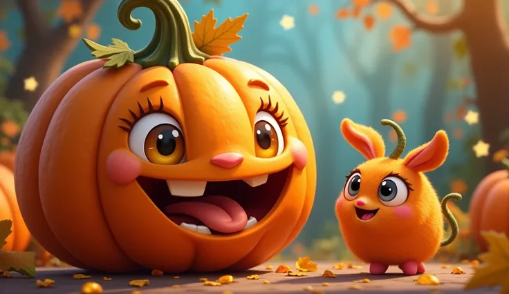 A cute pumpkin with adorable eyes eating a sweet animated character 