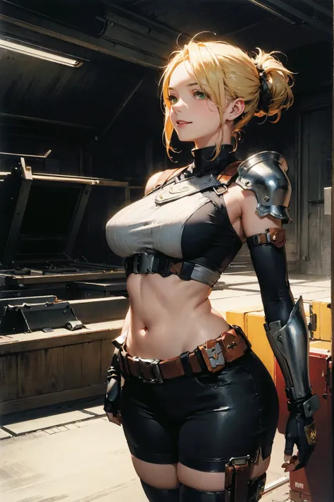 1girl, solo, blonde hair, green eyes, confident smile, updo hairstyle, curvy figure, futuristic explorer outfit, revealing clothing, black crop top, shoulder armor, arm guards, utility belt, thigh straps, fingerless gloves, indoor-outdoor scene, desert lan...