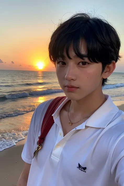 Asian Boy、High image quality、Black Hair、Short Hair、Large pupils、Sunset at sea、I got a little sunburned、Jungkook