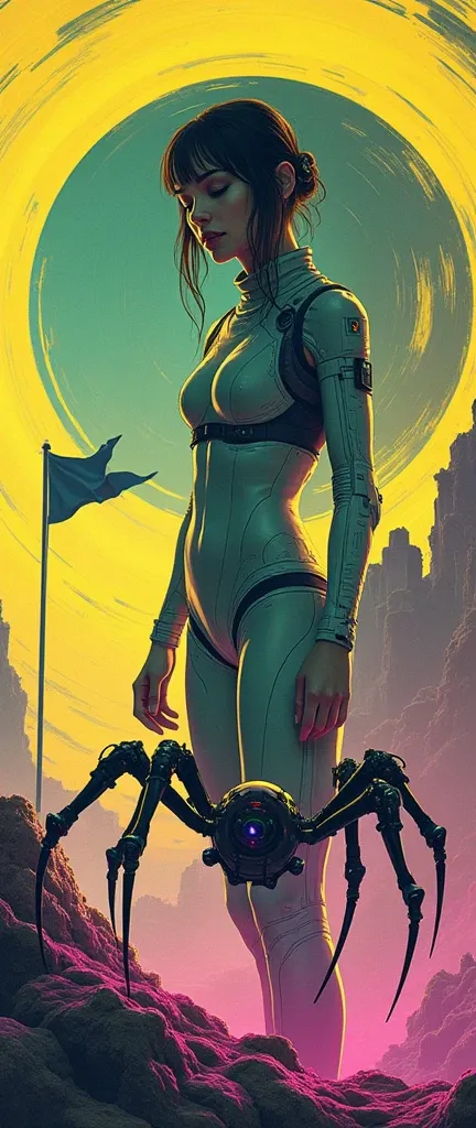 ((Pay attention to the plan:1.5, Plano general, The whole body:1.5)), 1 beautiful girl in technical clothing, mechanical spider, circles, Fractals,(black outline art) by Yoshitaka Amano,Travis Charest. flag, land, , yellow, green. magenta, Violet, , high d...