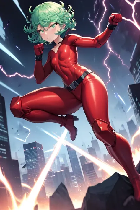 Masterpiece, best quality, ultra detailed, illustration, lighting epic, cinematic composition, 1 girl, Tatsumaki, short hair, green hair, very small breasts, green eyes, bright eyes, pouting, blushing, closed mouth, piercing gaze, full body, black collar, ...