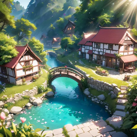 Miniature, Digital Art, Cinematic composition, A peaceful little village under the glove, A small house surrounded by greenery, sun rays, Small stone path, Petals flowing in a small river, Small stone bridge, Green