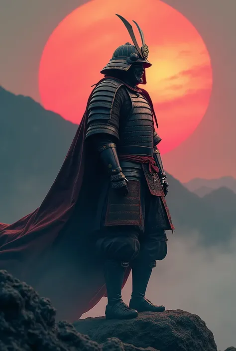 Samurai in armor looking from the right side with both hands the cape. right leg on a large rock. con mascara. In a foggy weather in the Japanese mountains at sunset with a huge sun in the background 