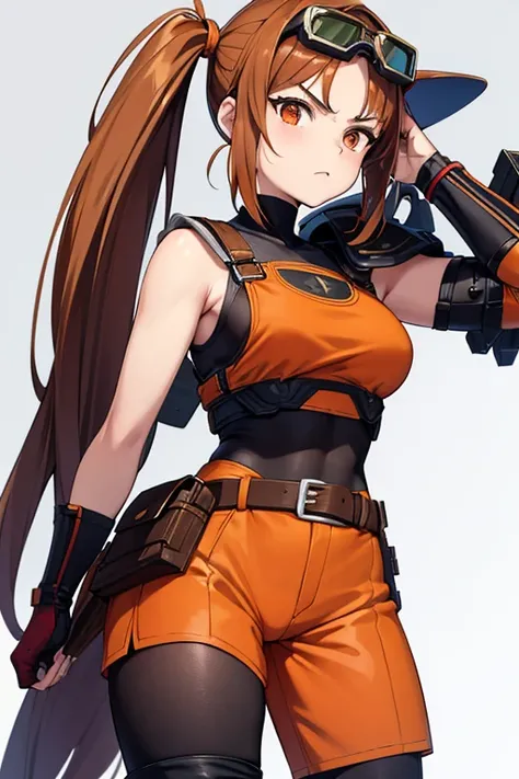 Anime Art、Full body portrait、Characters of the early modern period、Background blank、A female pilot standing upright, about 150cm tall, about , wearing an orange tank top and orange shorts、Wears goggles on his forehead、She is wearing black tights that cover...