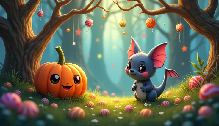 A forest decorated with spider webs and candy. A cute pumpkin And a cute and cuddly gray animated bat