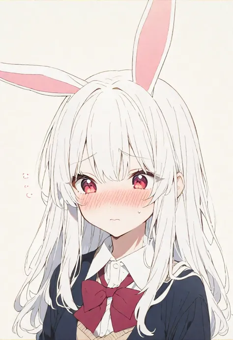 Anime girl with white hair and bunny ears, Red eyes, Shy blush, school uniform