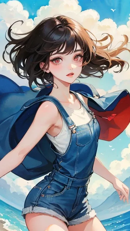 young woman　black hair　short hair　red eyes　irreverent face　look down　Slim body　Thin thighs　small breasts　little ass　toned body　blue sky　cloud　hair blowing in the wind　high quality　high resolution　8K　watercolor　Natural feeling　bridge of the nose　((最high qua...