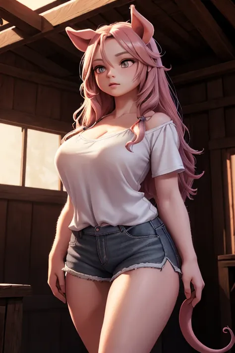 a beautiful young girl with long curly rose-colored hair, pig ears and nose, gray eyes, round face, wearing a short white shirt ...