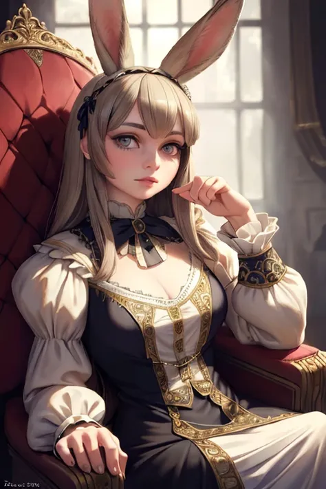 1girl, rabbit ears, rabbit tail, beautiful detailed eyes, beautiful detailed lips, extremely detailed face, long eyelashes, victorian style dress, medieval fantasy, sitting on an oak throne, imposing, staring directly at the viewer, elegant, charming, glam...