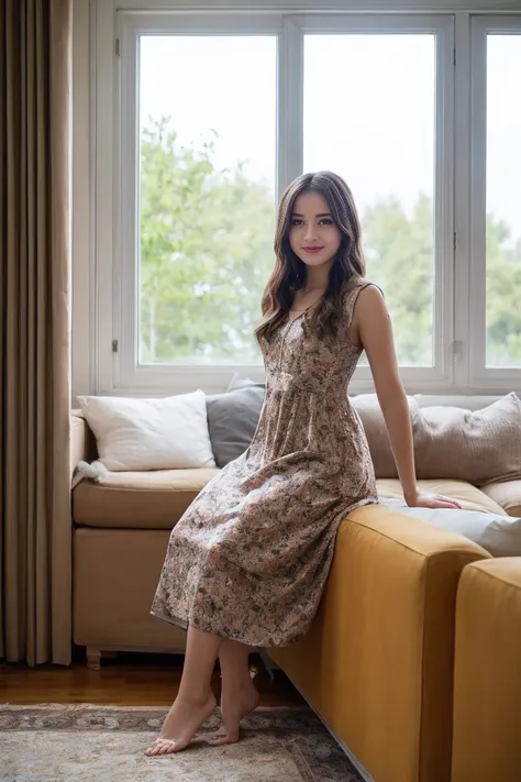 photo of beautiful young female dress in living room