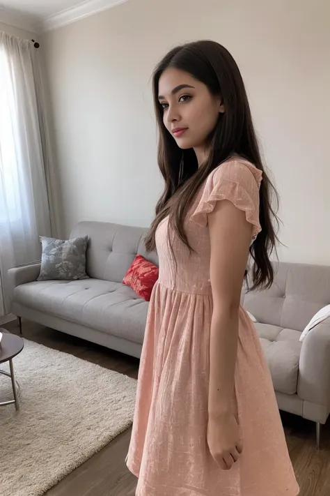 photo of beautiful young female dress in living room