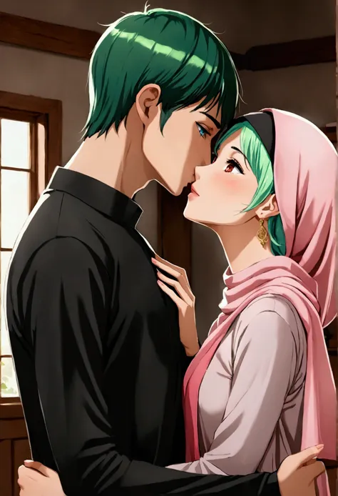 Muslim girl, hijab, pink clothes, blue eyes, kiss a boy, green hair, red eyes, black clothes, couple, love, house room.