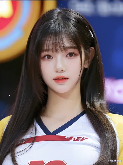 arafed asian woman in a cheer uniform posing for a picture, ulzzang, jinyoung shin, korean girl, white hime cut hairstyle, wan adorable korean face, jaeyeon nam, neat hair with bangs, with bangs, sha xi, heonhwa choe, wearing a volleyball jersey, sakimi ch...