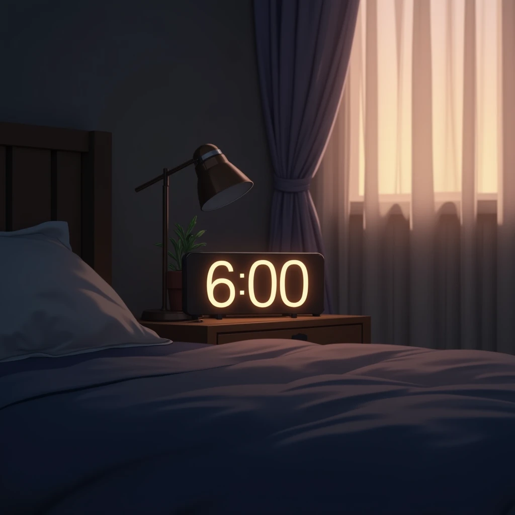 Anime image of a digital clock marking 6 o&#39;clock:00 a.m. on a nightstand in a bedroom.