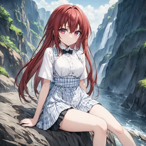 anime girl with red hair and black and white outfit sitting on a rock, badass anime 8 k, anime style 4k yen, also, best anime 4k...