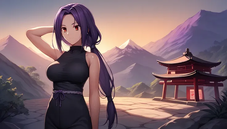 Score_9, Score_8_up, Score_7_up, One Girl,smile, Hirokazu Koyama ,Sweaty,sexy,Pixel Perfect,Large Breasts,Anatomically correct, Masterpiece Highly detailed,8k,Outdoor,night,street,Mountain trail,shrine,(Fits your body,Black rider suit,Sleeveless,Thin fabri...