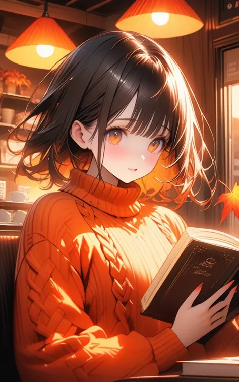 "Cafe reading time"
prompt: "Hyper-detailed nano-textured cozy sweater in 8K resolution, showcasing intricate cable knit patterns and vibrant autumn colors. The scene features a young woman engrossed in a book at a quaint café, her oversized sweater comple...