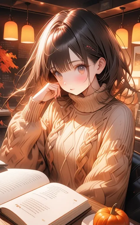 "Cafe reading time"
prompt: "Hyper-detailed nano-textured cozy sweater in 8K resolution, showcasing intricate cable knit patterns and vibrant autumn colors. The scene features a young woman engrossed in a book at a quaint café, her oversized sweater comple...