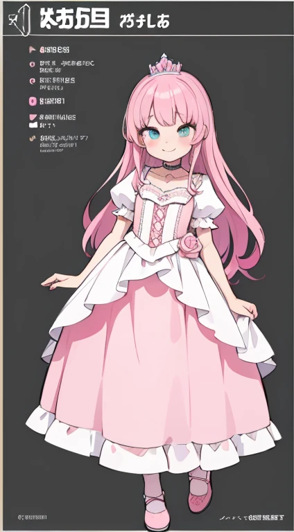 (((Best Quality))) , woman, Reference Sheet, Alone, (((full body))), (((contrasted))), middle hair, smile, pink hair, princess, 10years old, cute, princess dress, dress　