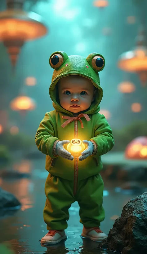 Photorealistic baby dressed as a frog, standing amidst a futuristic landscape filled with glowing orbs and hovering platforms. Baby holding a small, luminescent frog, their gloves shimmering under neon lights. Real life, detailed, 4k.