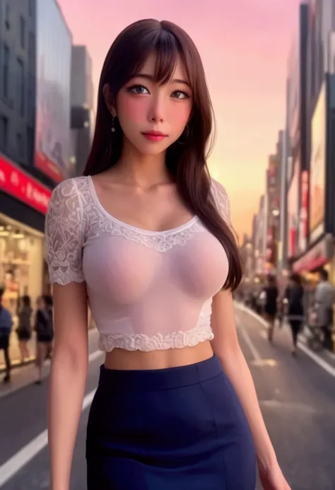 a cute woman in a tight pastel blouse with no bra, a cute skirt, matching pumps, erect nipples, happily looking at store window displays and flirting with her girlfriends, playful breast play, view focused on her breasts, Tokyo, busy city at sunset, (best ...