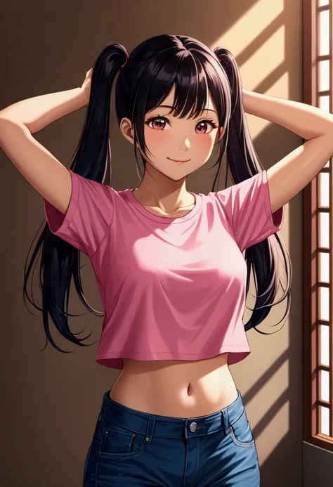 Asian girl, twintails, jeans, taut pink t-shirt, midriff, belly, navel, smiling, closed mouth, arms behind head