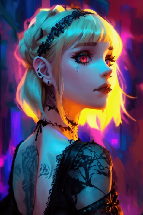 Clear and detailed facial features, beautiful woman, blonde hair, braided, elegant gothic make-up, large expressive eyes, intricate tattoos, wearing a disheveled gothic-style corset minidress, shoulder straps, half jacket, falling off ahoulders, beautiful ...