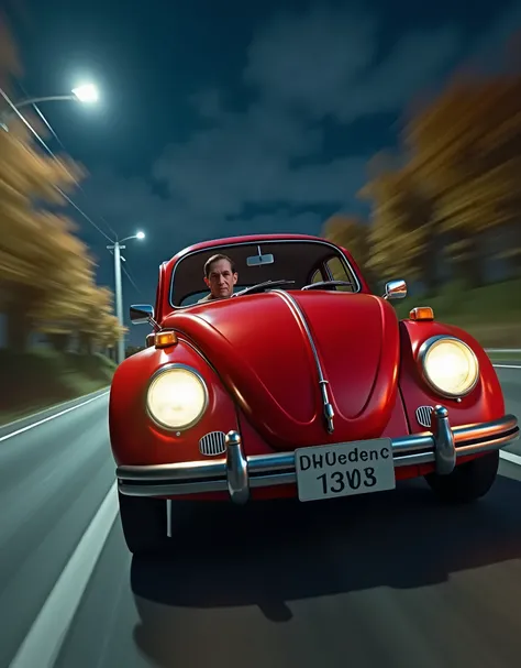 Dutch angle,  motion blur, Volkswagen Beetle 1303 S, on road , color red, in Japan, with 1 smile driver ,1970 years,  night  , (Surrealism, UHD, retina, masterpiece, anatomically correct, accurate, textured skin, super detail, high details, high quality, b...