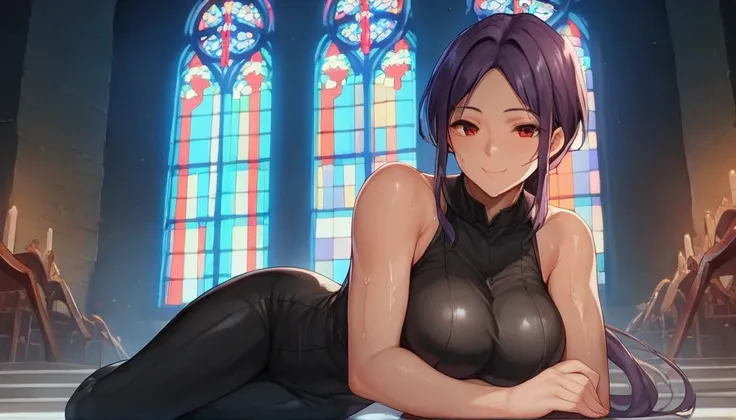 Score_9, Score_8_up, Score_7_up, One Girl,smile, Hirokazu Koyama ,Sweaty,sexy,Pixel Perfect,Large Breasts,Anatomically correct, 名作非常にdetailed,8k, (background,Church at night,indoor,The moonlight shines through the window,detailed),(Fits your body,Black rid...