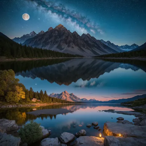 A very starry night. Huge moon behind the mountains. The quiet lake reflects the night. The setting sun is accompanied by flying cranes. Realistic Scenes, detailed, Photorealism, 8k