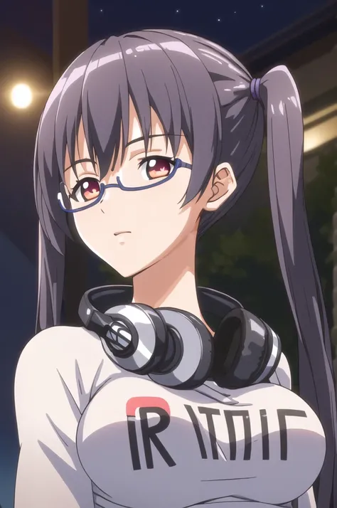 (Night:1.7), Japan, cyberpunk, CityView, Before Window,
Standing at attention,
white shirt,t-shirt,striped sleeves,Red Long sleeves,
semi-rimless eyewear,  behind-the-head headphones,headphones around neck,
black hair,Bangs,long hair,red eyes,twintails,
1 ...