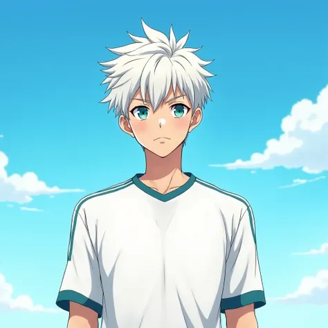 anime boy mature, aquamarine eyes , soccer uniform , white short hair , ceu azul