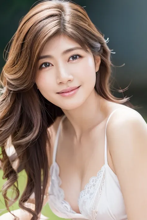 (Best Quality,High resolution,Super detailed),((Portrait )),1 Beautiful Japanese Women,Beautiful fine details,Beautiful lip detail,Highly detailed face,Long eyelashes,Soft Smile,Flowing Hair,Natural lighting, Wearing pure white lingerie,