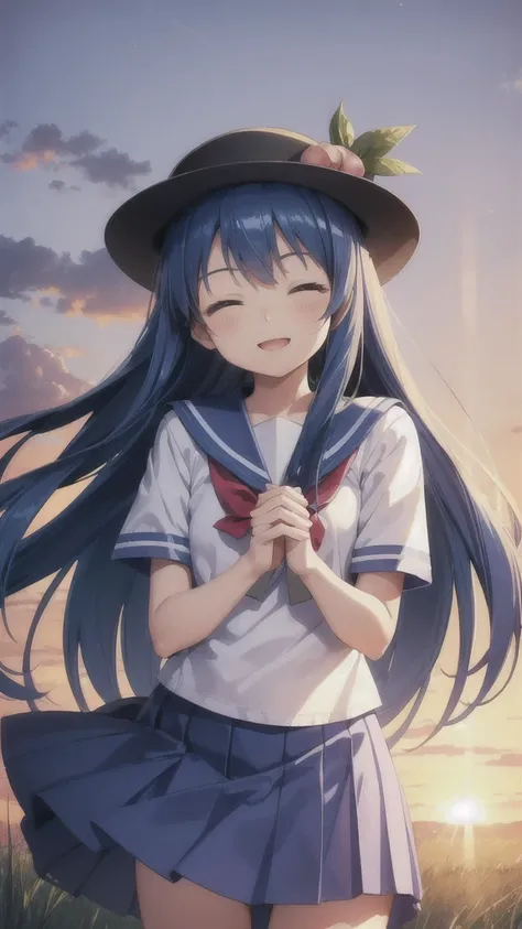 masterpiece, best quality, ultra detailed, (Hinanawi Tenshi), flat chest, long hair, straight hair, beautiful hair, blue hair, young, kawaii, 1person, slim, peach on hat, long skirt, sailor suits, school uniform, plain skirt, indigo skirt, (closed eyes:1.3...