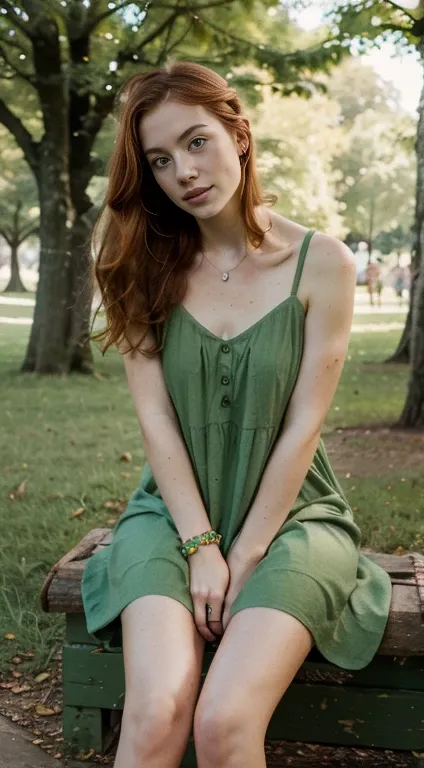  {{Beautiful woman with ginger hair and freckles, wearing a green dress and green accessories, in a colorful and green park}}