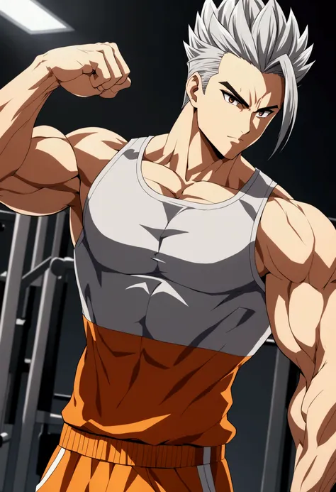 Me make a male character with defined muscles, Gohan style hair, gray hair color wearing gym clothes 