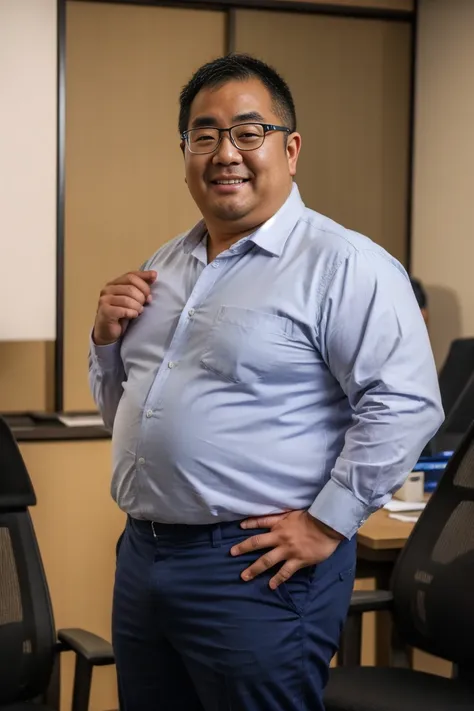 a slightly chubby japanese man is 30 years old., a japanese man wearing a white business shirt is standing, grey pants, medium l...