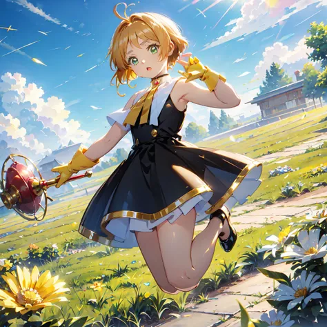 masterpiece, Best Quality, High resolution, Sakura Kinomoto, One Girl, Golden Hair, short hair, Antenna Hair, Ahoge, Crown, Green Eyes, Yellow patent leather dress, Sleeveless, Yellow patent leather gloves,Circular skirt,White panniers,Retention Staff, Ope...