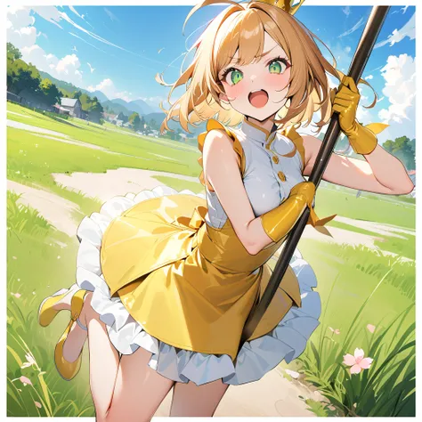 masterpiece, Best Quality, High resolution, Sakura Kinomoto, One Girl, Golden Hair, short hair, Antenna Hair, Ahoge, Crown, Green Eyes, Yellow patent leather dress, Sleeveless, Yellow patent leather gloves,Circular skirt,White panniers,Retention Staff, Ope...