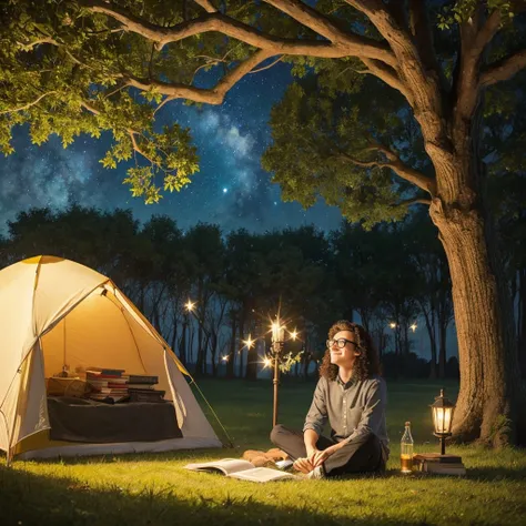 A young man is sitting on the grass and reading a book, Long black curly hair, Wearing glasses, A delicate smile, Light brown eyes, Looking up at the sky, Lamp light, whole body, Under a giant tree, Vision, Tent in the background, Starry Sky, Illuminated n...