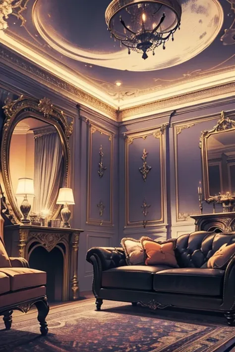 Interior, victorian Manor with reliquies, (((Nigth))), (((moonligth enters the living room))) soft pale orange palette, soft violet secundary exterior ligth 