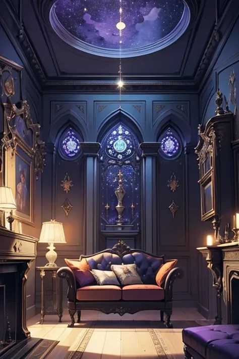 Interior, victorian Manor with reliquies, (((Nigth))), (((moonligth enters the living room))) soft pale orange palette, soft violet secundary exterior ligth 