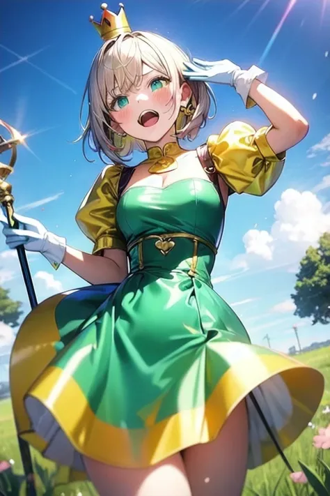 masterpiece, Best Quality, High resolution, Sakura Kinomoto, One Girl, Golden Hair, short hair, Antenna Hair, Ahoge, Crown, Green Eyes, Yellow patent leather dress, Puff sleeves, Yellow patent leather gloves,Circular skirt,Star-shaped skirt,White panniers,...