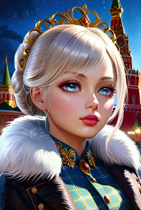 1 girl in a plaid shirt and fur coat, standing in front of the Kremlin Palace, outdoor scene, (best quality,4k,8k,highres,masterpiece:1.2),ultra-detailed,(realistic,photorealistic,photo-realistic:1.37),extremely detailed eyes and face,beautiful detailed li...