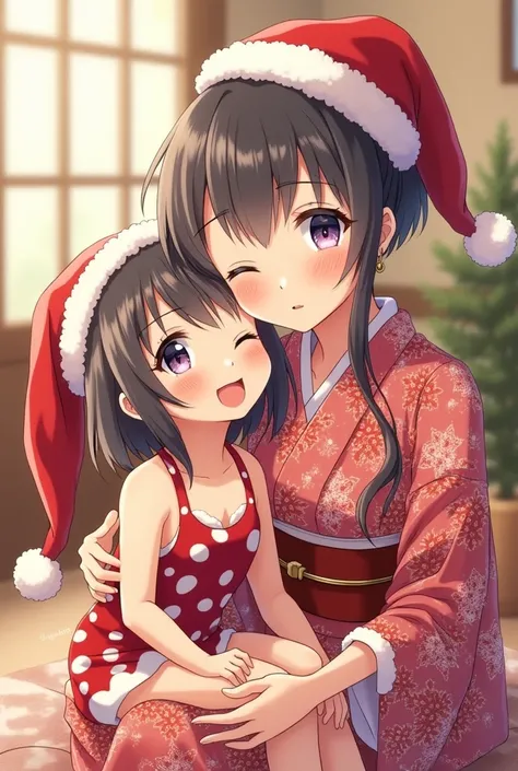 Anime mother and daughterMother is wearing a New Year&#39;s kimonoDaughter is wearing a Santa hatSanta&#39;s swimsuit